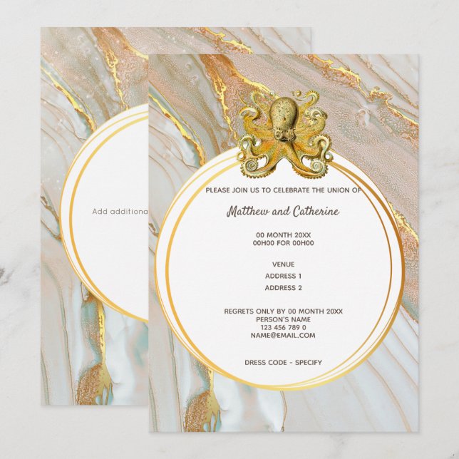 Octopus marble watercolor geometric marine ocean invitation (Front/Back)
