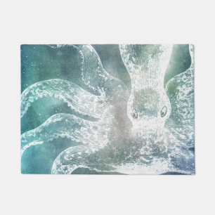 Octopus Midnight Blue Teal Watercolor Vintage Art Doormat