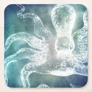 Octopus Midnight Blue Teal Watercolor Vintage Art Square Paper Coaster
