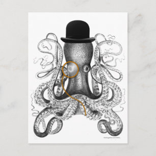 Octopus Monocle Bowler Hat Curiosity Postcard