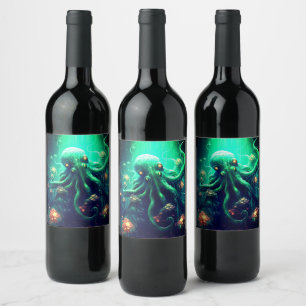 Octopus Mythical Nautical Under the Sea Creatures Wine Label