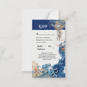 Octopus nautical navy orange beach wedding RSVP Advice Card