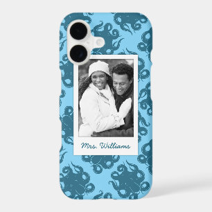 Octopus On Blue Pattern   Your Photo & Name