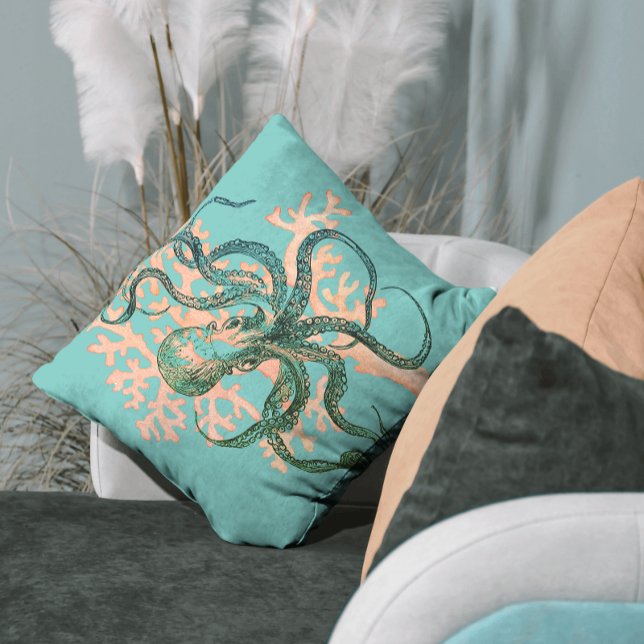 Octopus on Coral Modern Throw Pillow (Available with indoor and outdoor fabrics)