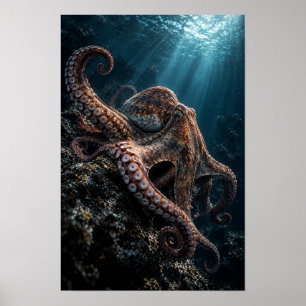 Octopus on Rocky Reef in Deep Blue Ocean Marine Wa Poster