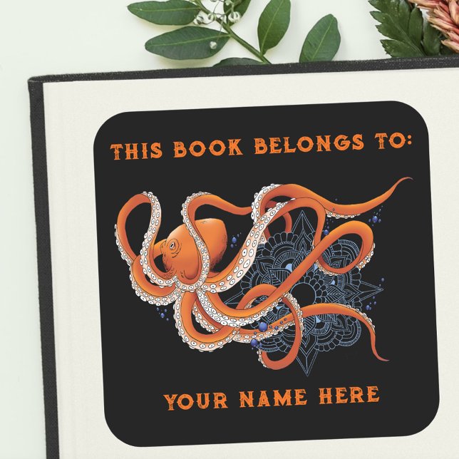 Octopus Orange Mandala Blue Bookplate Square Sticker (Creator Uploaded)