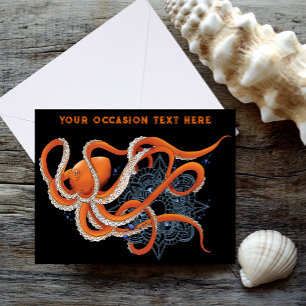Octopus Orange Mandala Blue Card