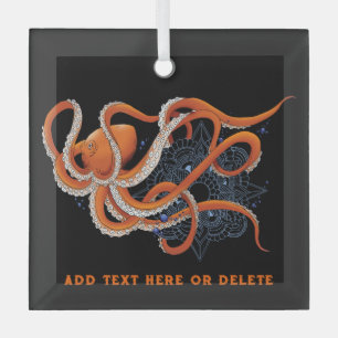 Octopus Orange Mandala Blue Glass Ornament