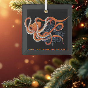 Octopus Orange Mandala Blue Glass Ornament
