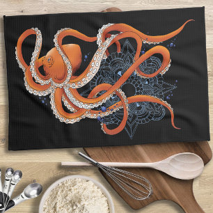 Octopus Orange Mandala Blue Kitchen Towel