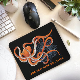 Octopus Orange Mandala Blue Mouse Pad
