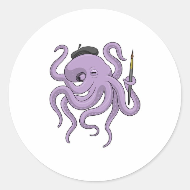 Octopus Painter Paint brush Classic Round Sticker (Front)