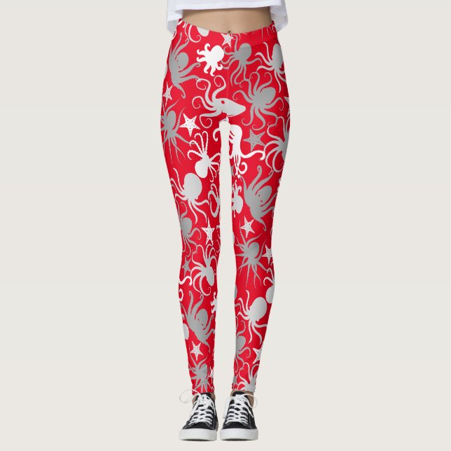 Octopus Pattern.b Red BG Leggings (Front)