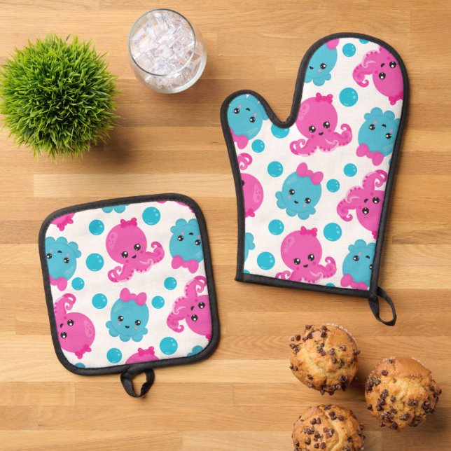 Octopus Pattern, Cute Octopus, Sea Animals Oven Mitt & Pot Holder Set (Top Down)