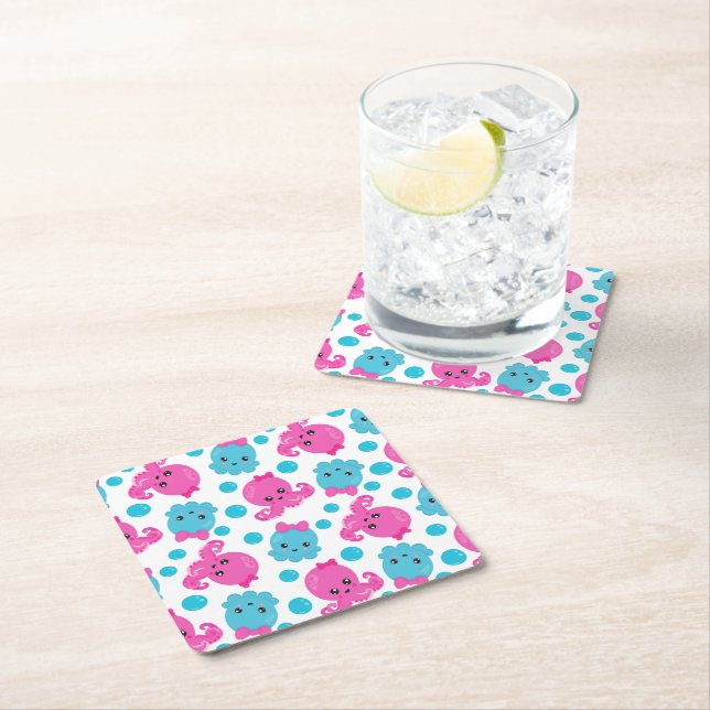 Octopus Pattern, Cute Octopus, Sea Animals Square Paper Coaster (Insitu)