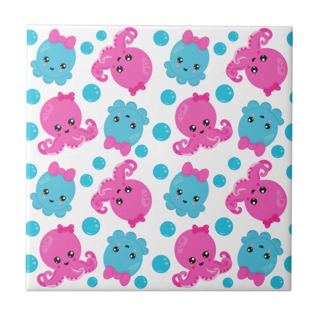 Octopus Pattern, Cute Octopus, Sea Animals Tile (Front)