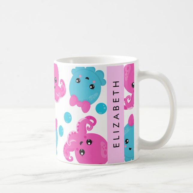 Octopus Pattern, Cute Octopus, Sea, Your Name Coffee Mug (Right)