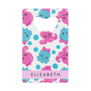 Octopus Pattern, Cute Octopus, Sea, Your Name Credit Card Bottle Opener