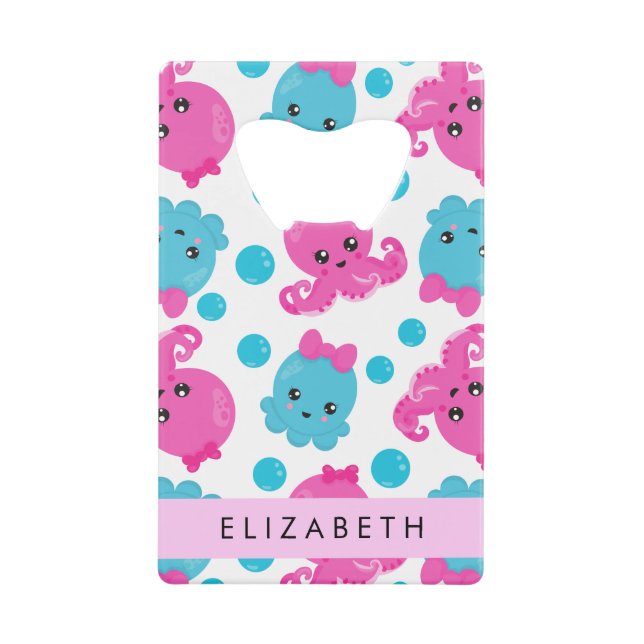 Octopus Pattern, Cute Octopus, Sea, Your Name Credit Card Bottle Opener (Front)