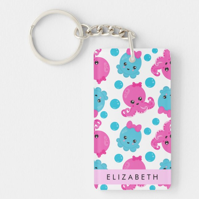 Octopus Pattern, Cute Octopus, Sea, Your Name Keychain (Front)
