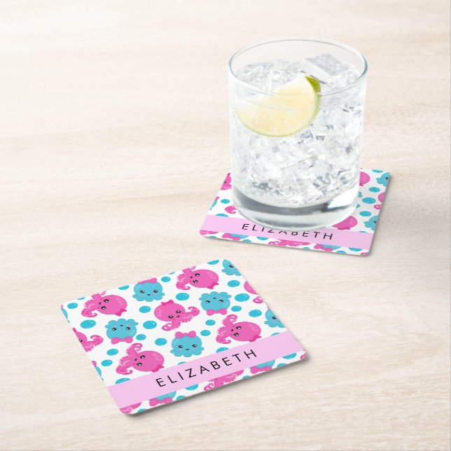 Octopus Pattern, Cute Octopus, Sea, Your Name Square Paper Coaster (Insitu)