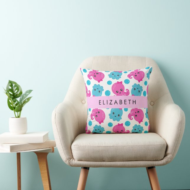 Octopus Pattern, Cute Octopus, Sea, Your Name Throw Pillow (Chair)