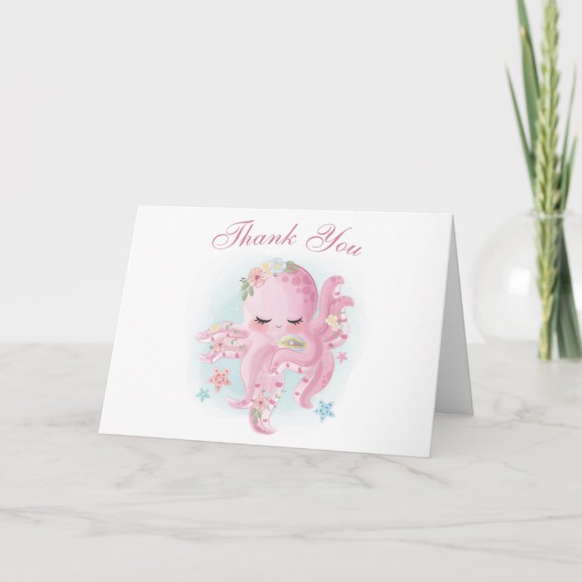 Octopus Pink Watercolor Girl Baby Shower Thank You Card (Front)