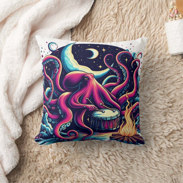 Octopus Playing Drum By Campfire Under Night Sky Throw Pillow (Blanket)