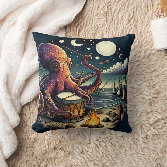 Octopus Playing Drum by the Seaside Campfire Throw Pillow (Blanket)
