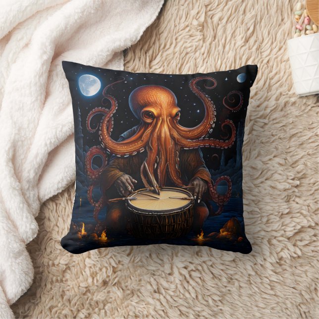 Octopus Playing Drum Under Starry Night Sky Throw Pillow (Blanket)