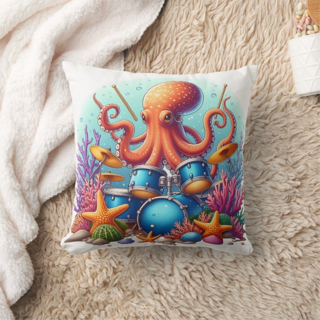 Octopus Playing Drums Among Colourful Coral Reef Throw Pillow (Blanket)