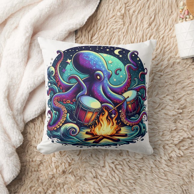 Octopus Playing Drums by a Campfire at Night Throw Pillow (Blanket)