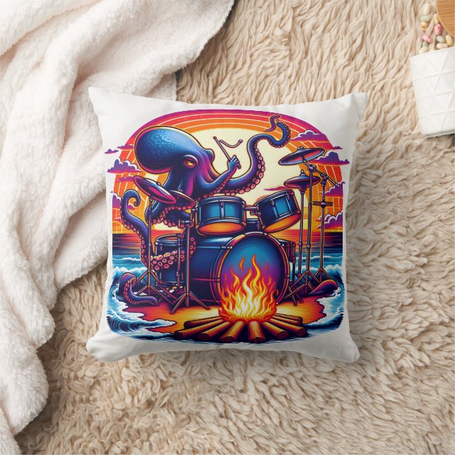 Octopus Playing Drums by a Campfire at Sunset Throw Pillow (Blanket)