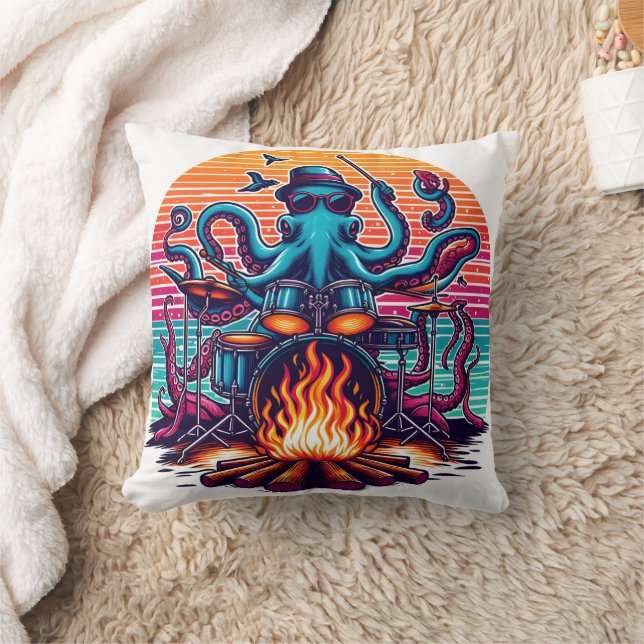 Octopus Playing Drums by a Colourful Campfire Throw Pillow (Blanket)