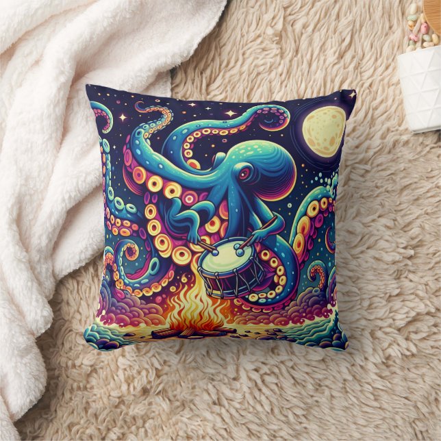 Octopus Playing Drums by Campfire Under Moonlight Throw Pillow (Blanket)