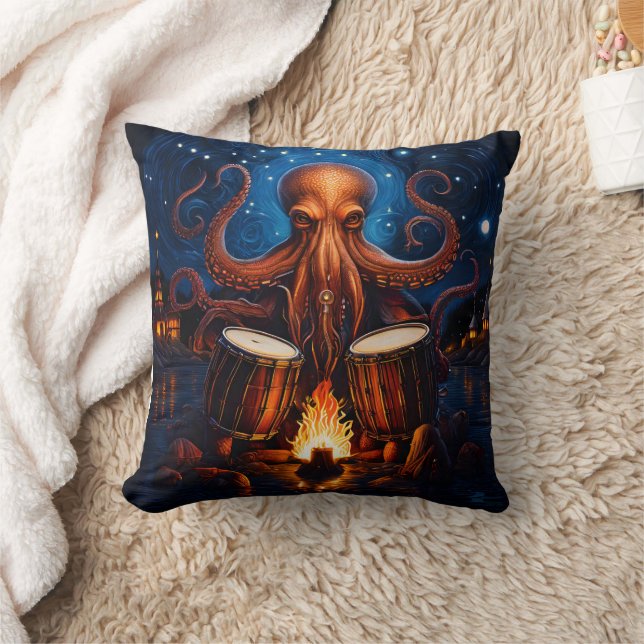 Octopus Playing Drums by Campfire Under Starry Sky Throw Pillow (Blanket)