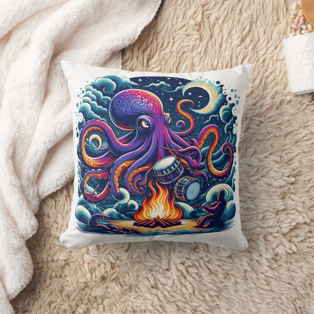 Octopus Playing Drums By Moonlit Campfire Throw Pillow (Blanket)
