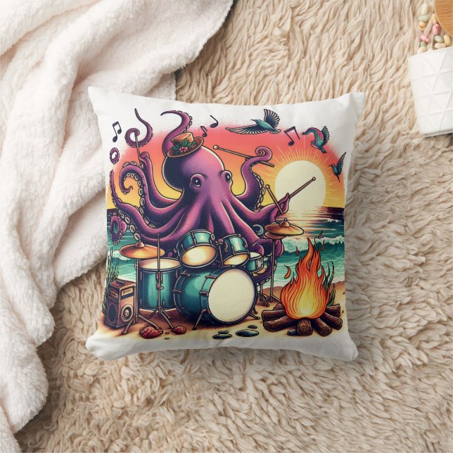 Octopus Playing Drums By The Beach At Sunset Throw Pillow (Blanket)