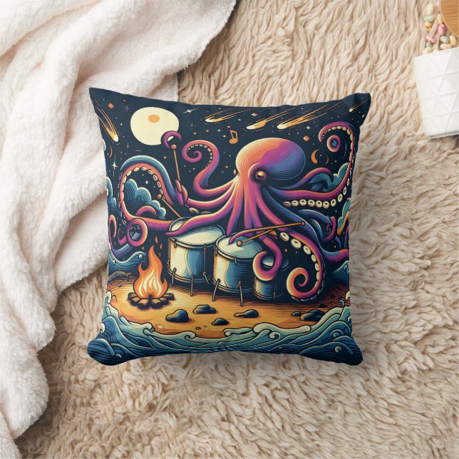 Octopus Playing Drums by the Campfire Under Stars Throw Pillow (Blanket)