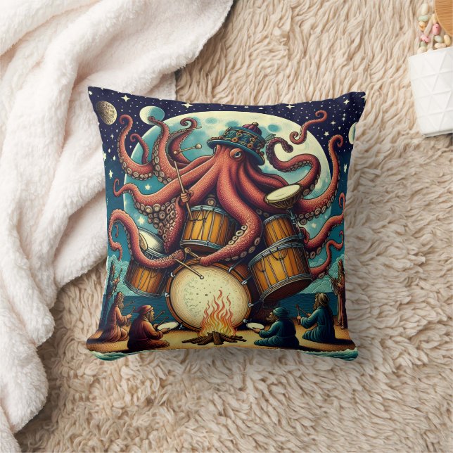 Octopus Playing Drums by the Moonlit Shore Throw Pillow (Blanket)