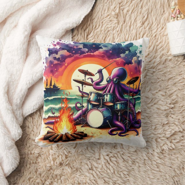 Octopus Playing Drums by the Ocean at Sunset Throw Pillow (Blanket)