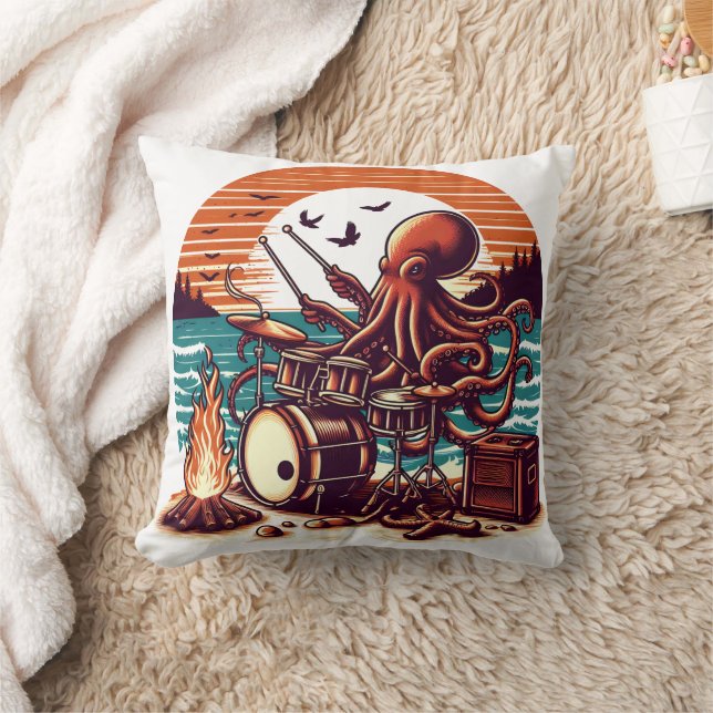 Octopus Playing Drums by the Ocean at Sunset Throw Pillow (Blanket)