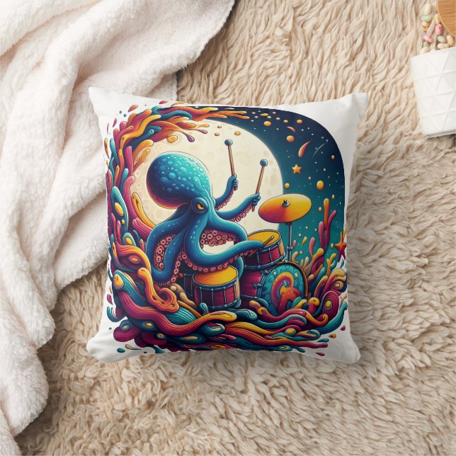 Octopus Playing Drums Under A Starry Night Throw Pillow (Blanket)