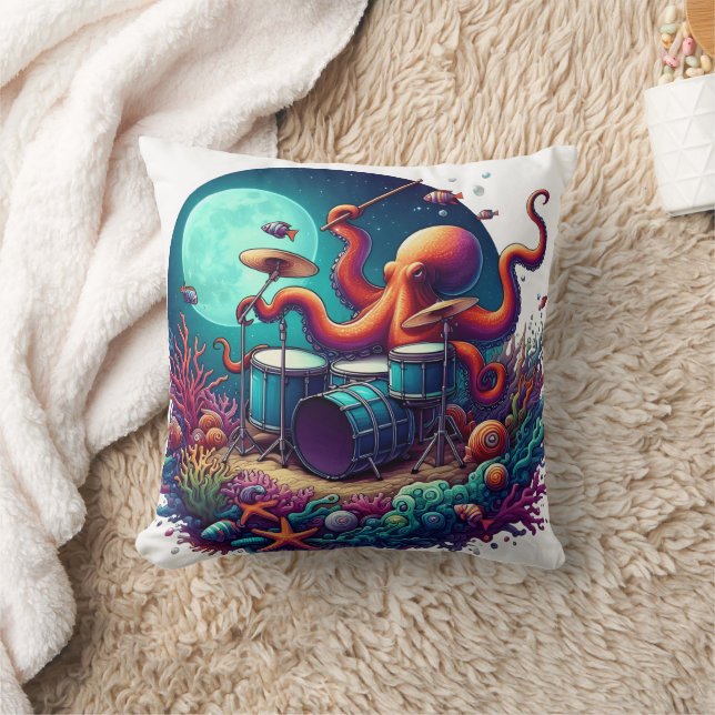 Octopus Playing Drums Under Moonlit Sea Throw Pillow (Blanket)