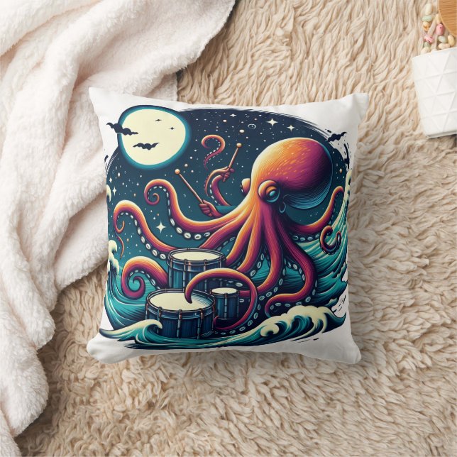 Octopus Playing Drums Under Moonlit Sky Throw Pillow (Blanket)