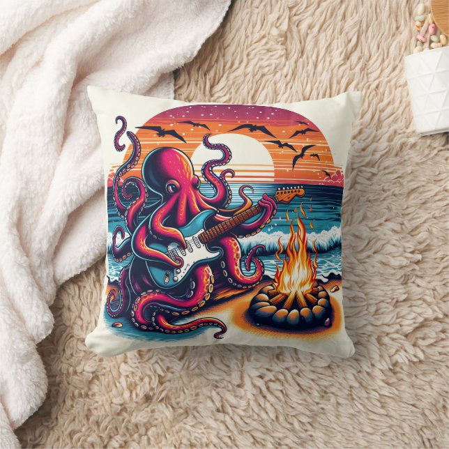 Octopus Playing Guitar by Beach Campfire at Sunset Throw Pillow (Blanket)