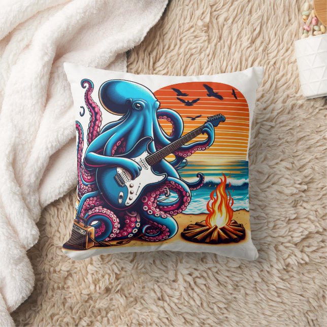 Octopus Playing Guitar by the Beach at Sunset Throw Pillow (Blanket)