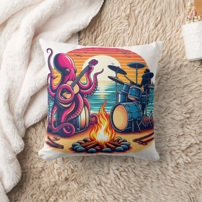 Octopus Playing Guitar Near Campfire at Sunset Throw Pillow (Blanket)