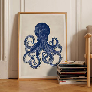 Octopus Print Linocut Vintage Poster Retro Octopus