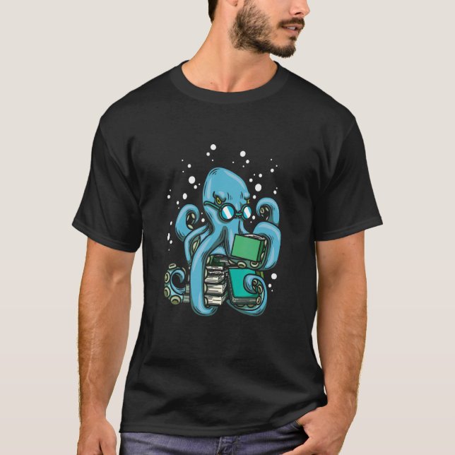 Octopus Reader Bookworm Deep Sea Kraken Literature T-Shirt (Front)